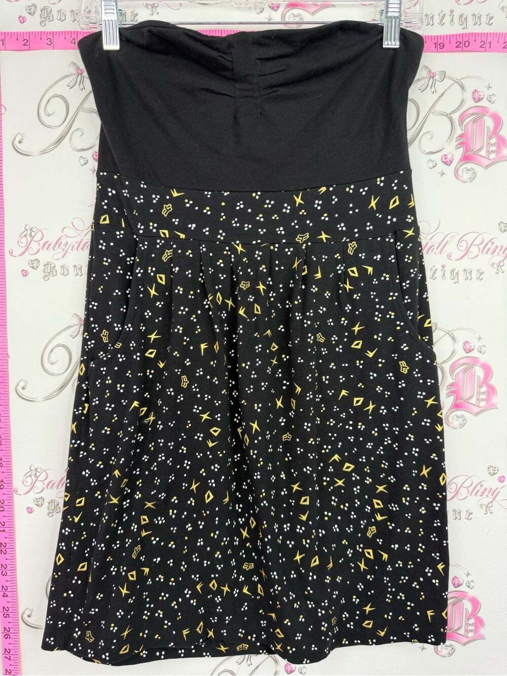 Fox racing dress Black Strapless mini dress cutout back Yellow & White Print RAR